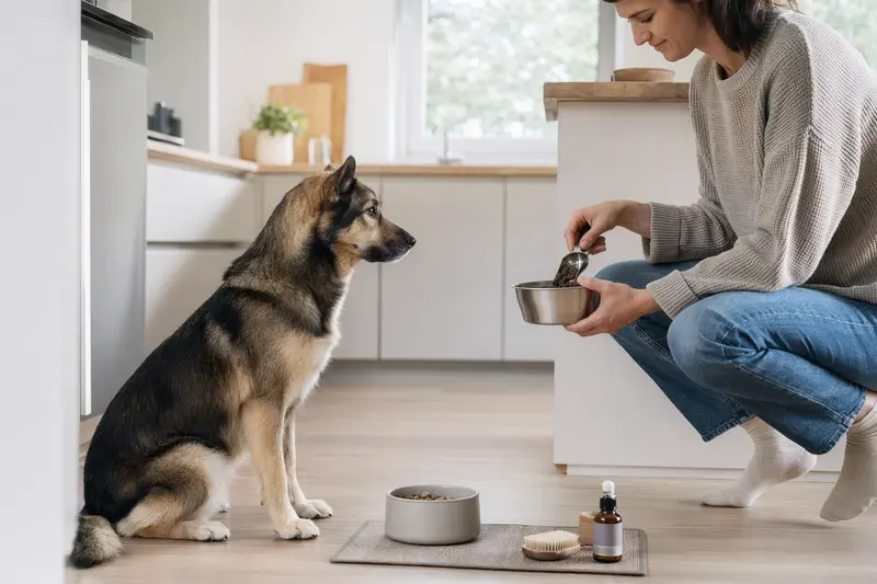 Ein Ainu-Hund sitzt glücklich neben seinem hochwertigen Futternapf und Pflegezubehör in einer hellen Küche, während sein Besitzer Futter zubereitet.