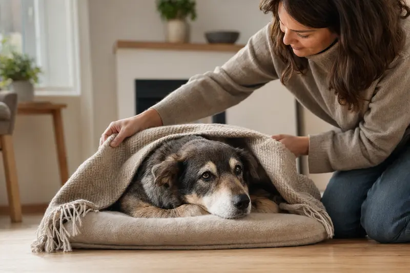 Ein Ainu-Hund liegt entspannt in einem hellen Zuhause, während sein Besitzer ihm liebevoll eine Decke überlegt.