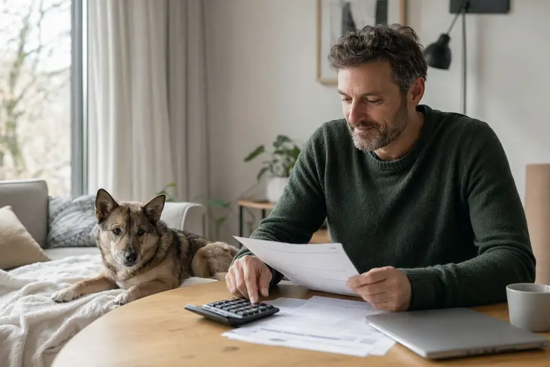 Ein entspannter Ainu-Hund liegt neben einer Tierarztrechnung auf einem Tisch, während sein Besitzer die Situation gelassen betrachtet.