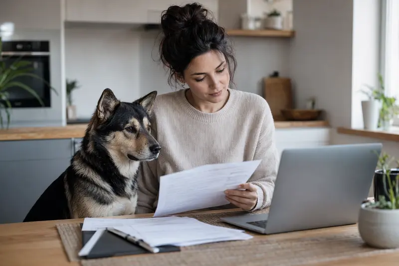 Ainu-Hund sitzt entspannt neben seinem Besitzer am Küchentisch mit Versicherungsunterlagen und Laptop.