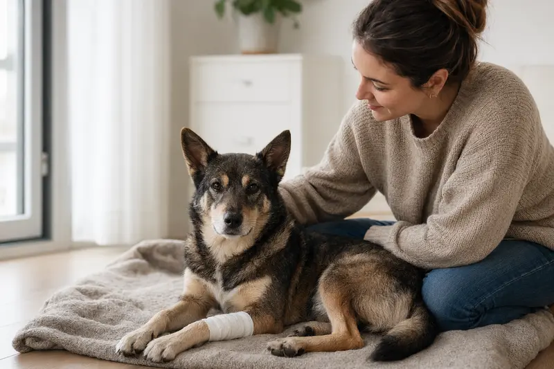 Ein Ainu-Hund mit leichtem Verband an der Pfote entspannt auf einer Decke, während sein Besitzer neben ihm sitzt und erleichtert wirkt.