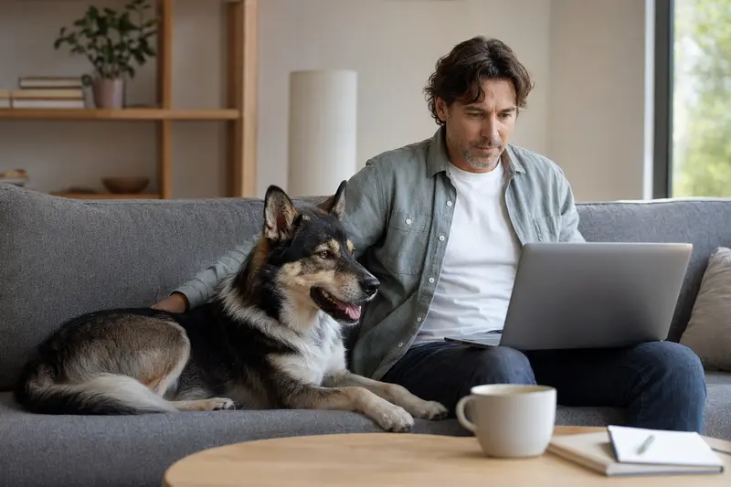 Ein Hundebesitzer arbeitet am Laptop auf dem Sofa, während ein Ainu-Hund neben ihm sitzt, um Informationen zu Haustierversicherungen zu vergleichen.