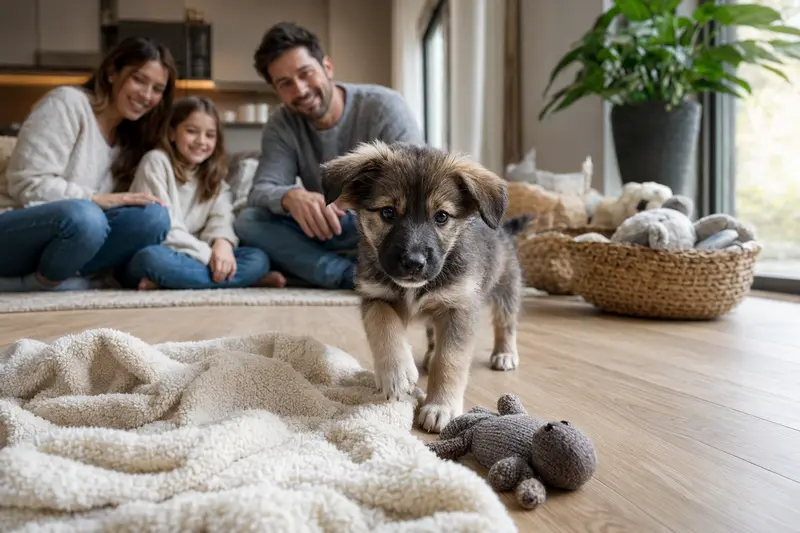 Ein neugieriger Ainu-Hund Welpe erkundet liebevoll seine neue Umgebung mit Spielzeug und einer weichen Decke in einem hellen Wohnzimmer.