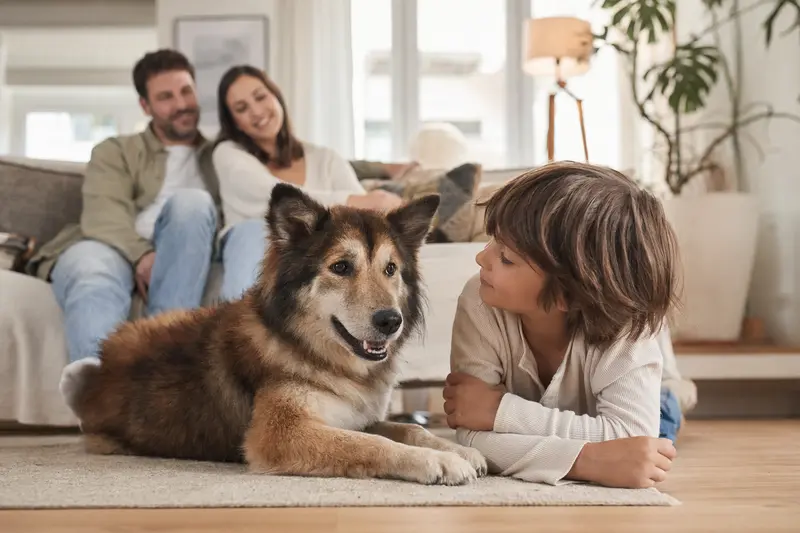 Ein Ainu Inu Hund liegt entspannt neben einem Kind im Wohnzimmer, während die Eltern im Hintergrund für eine sichere Familienatmosphäre sorgen.