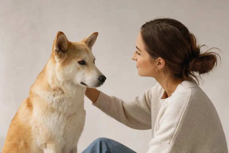 Ein Ainu Inu Hund steht aufmerksam vor einem neutralen Hintergrund und zeigt seine charakteristische Körperform.