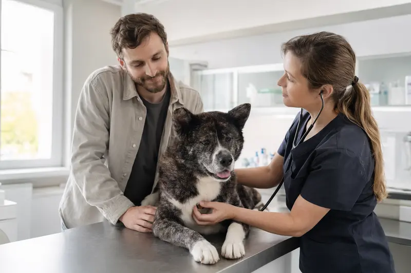 Ein Ainu Inu Hund wird sanft von einer Tierärztin mit Stethoskop in einer modernen Praxis untersucht, während sein Besitzer beruhigend danebensteht.