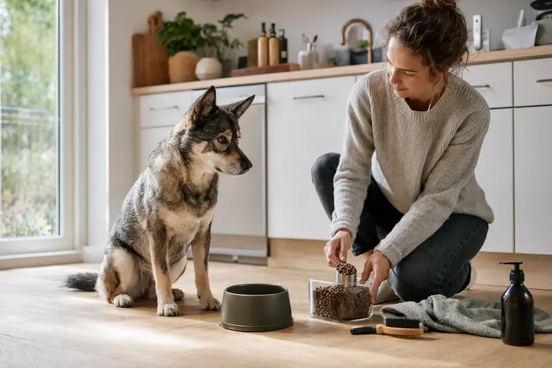 Ein Ainu Inu sitzt neben seinem Futternapf und Pflegezubehör in einer modernen Küche, während der Besitzer Futter vorbereitet.