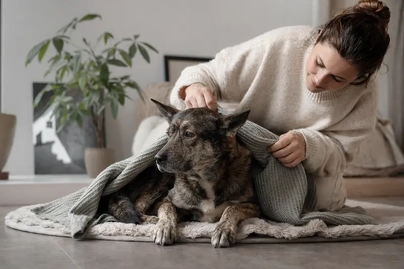 Ein Ainu Inu Hund liegt entspannt und geborgen in einem hellen Raum, während ein Besitzer ihm liebevoll eine Decke überlegt.