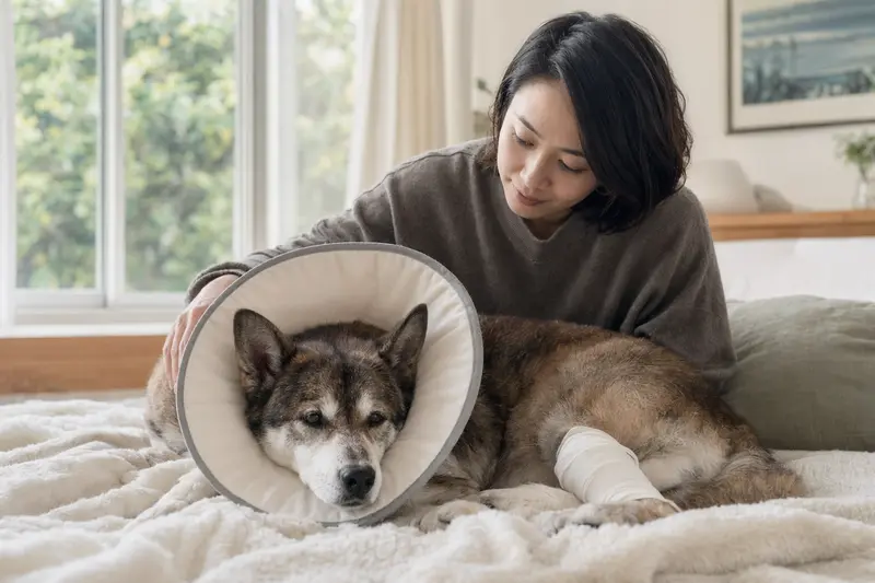 Ein Ainu Inu Hund ruht auf einer Decke nach einer Behandlung mit einem Schutzkragen, während sein Besitzer beruhigend neben ihm sitzt.
