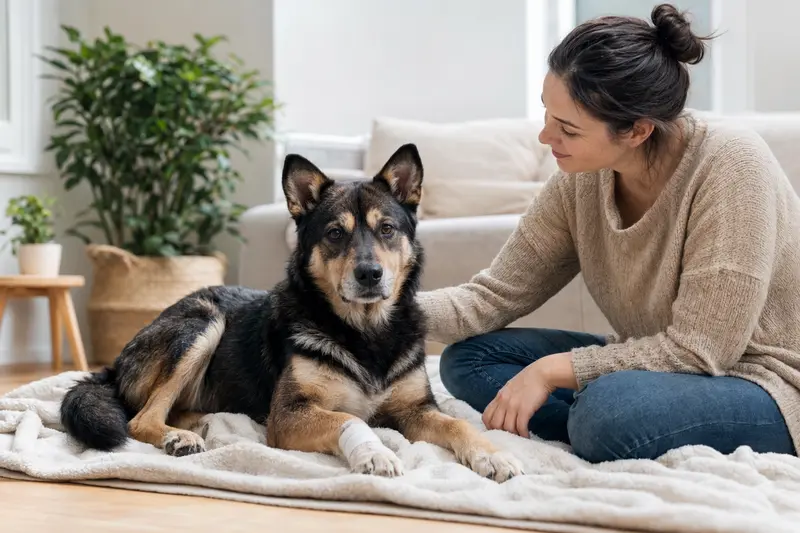 Ein Ainu Inu Hund mit Verband an der Pfote liegt entspannt neben seinem Besitzer in einer hellen Wohnung.