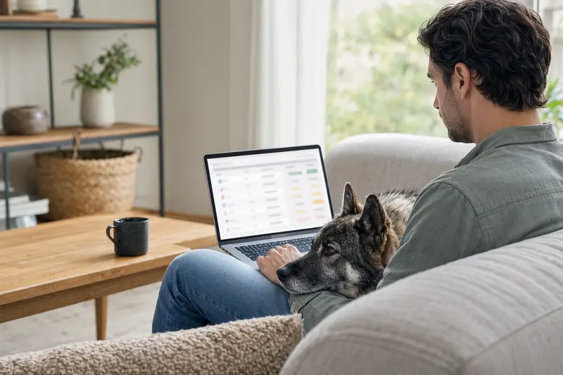 Ein Besitzer sitzt mit Laptop auf dem Sofa, während ein Ainu Inu Hund daneben liegt, umgeben von einer ruhigen und modernen Wohnung.