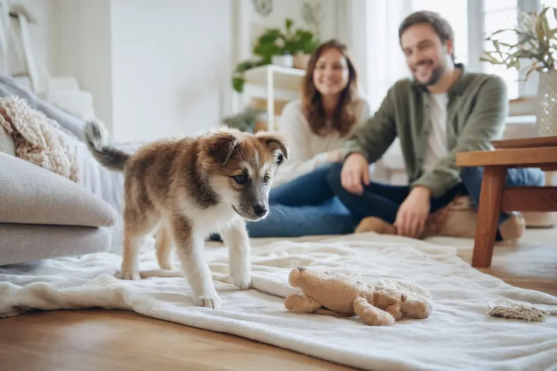 Ein neugieriger Ainu Inu Welpe erkundet sein neues Zuhause mit einer weichen Decke und Spielzeug, während die Familie liebevoll im Hintergrund beobachtet.