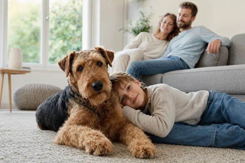 Ein Airedale Terrier Hund liegt entspannt neben einem Kind im Wohnzimmer und schafft eine warme Familienatmosphäre.