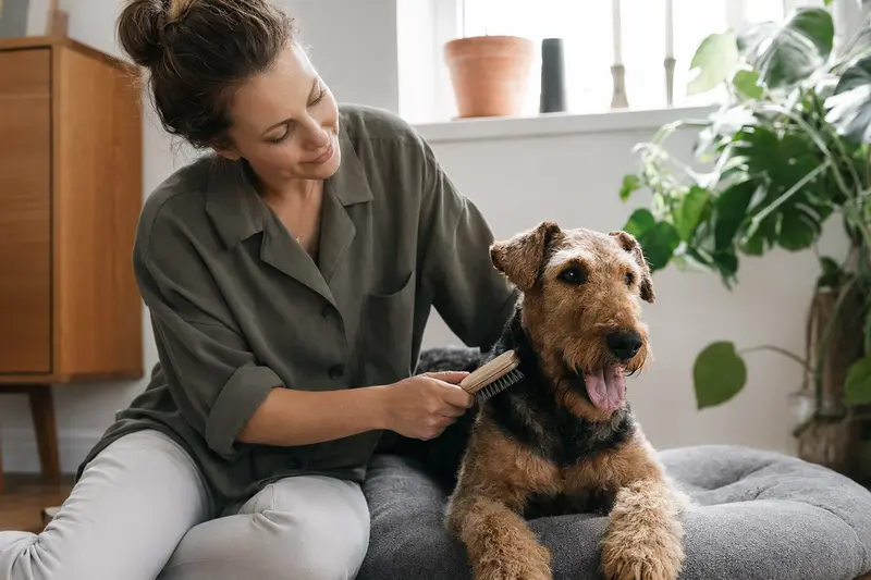 Ein Airedale Terrier wird liebevoll von seinem Besitzer zuhause gebürstet.
