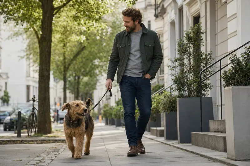Ein Airedale Terrier läuft an der Leine mit seinem Besitzer durch eine moderne Stadtstraße.