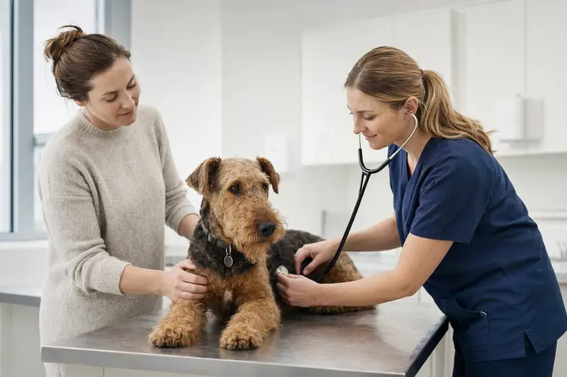 Ein ruhiger Airedale Terrier wird von einer freundlichen Tierärztin in einer modernen Praxis mit einem Stethoskop untersucht.
