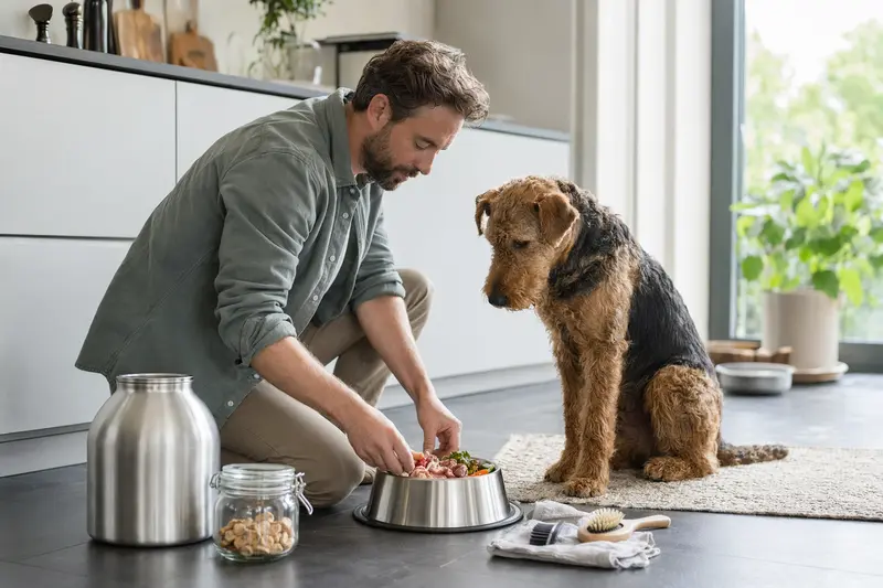 Ein Airedale Terrier sitzt neben einem hochwertigen Futternapf und Pflegezubehör in einer hellen Küche, während sein Besitzer Futter vorbereitet.