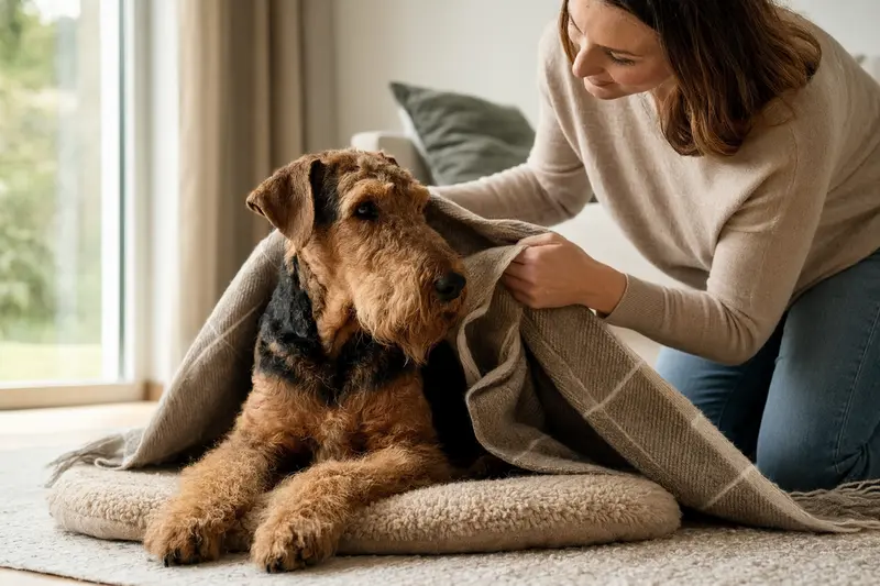 Ein entspannter Airedale Terrier wird liebevoll mit einer Decke zugedeckt, was Sicherheit und Geborgenheit symbolisiert.