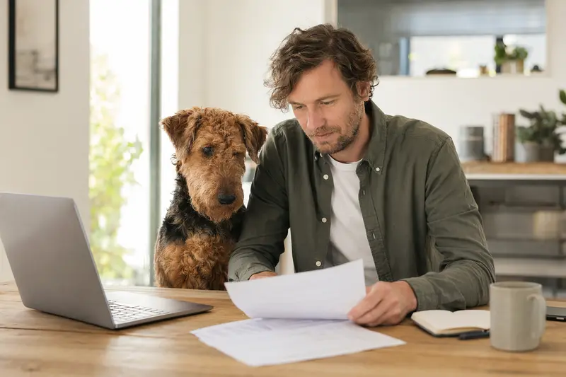 Ein ruhiger Airedale Terrier sitzt neben seinem Besitzer am Küchentisch, während Versicherungsunterlagen ausgebreitet sind.