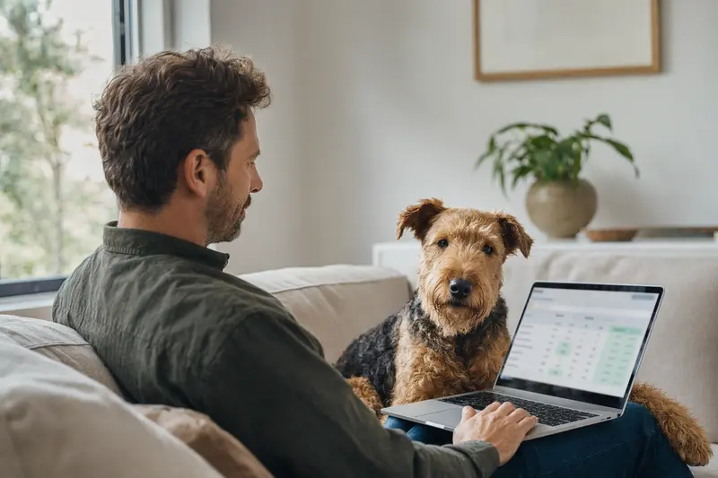 Ein Besitzer sitzt mit einem Laptop auf dem Sofa, während ein Airedale Terrier neben ihm auf der Couch liegt und eine neutrale Versicherungsvergleichs-Oberfläche auf dem Bildschirm zu sehen ist.