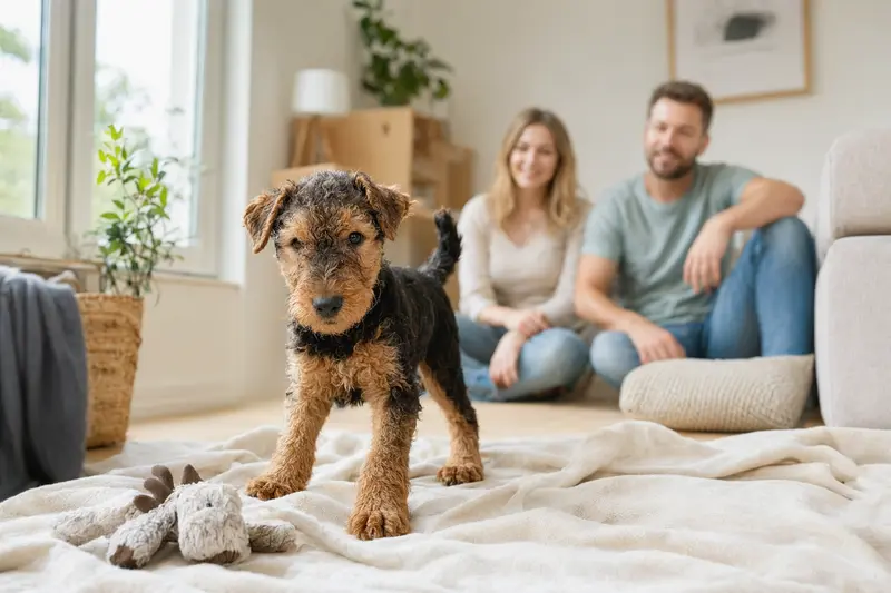Ein neugieriger Airedale Terrier Welpe erkundet sein neues, liebevolles Zuhause mit weicher Decke und Spielzeug im Vordergrund.