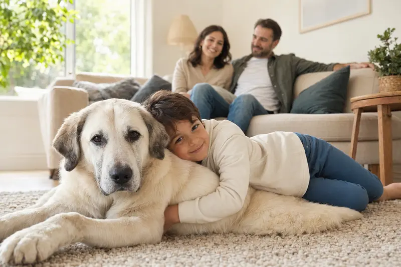 Ein freundlicher Akbas Hund liegt entspannt neben einem Kind im Wohnzimmer und sorgt für eine warme Familienatmosphäre.
