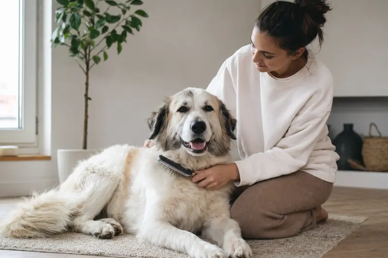 Ein Akbas Hund wird liebevoll zuhause gebürstet, um seine Gesundheit und Fellpflege zu fördern.