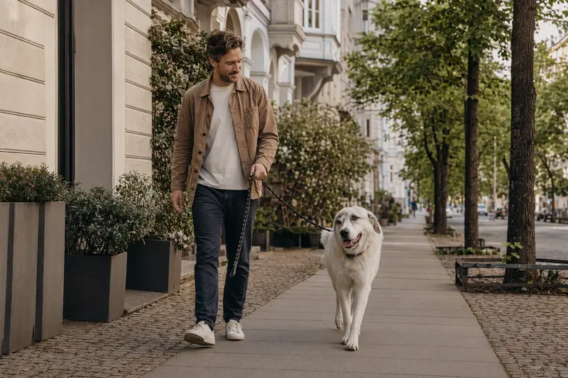 Ein Akbas Hund läuft an der Leine mit seinem Besitzer durch eine moderne Stadtstraße.