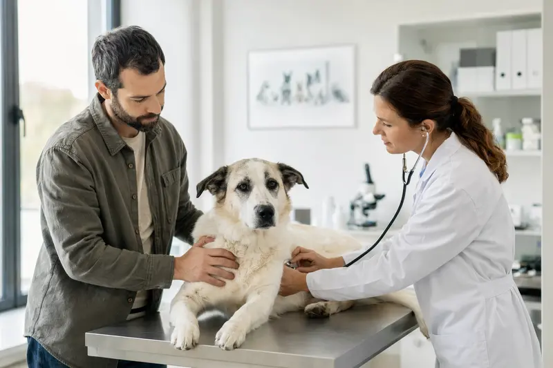 Ein beruhigter Akbas Hund wird sanft von einer freundlichen Tierärztin auf einem Untersuchungstisch untersucht.