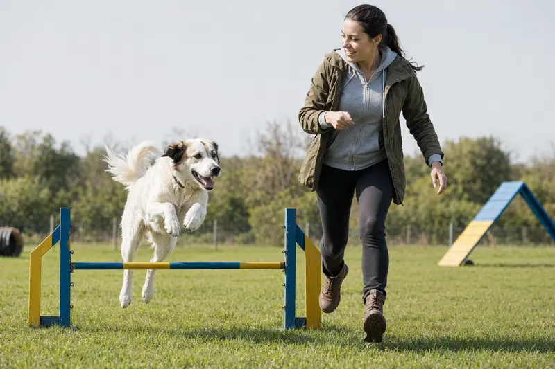 Ein aktiver Akbas Hund trainiert mit seinem Besitzer freudig auf einem sonnigen Hundeplatz.