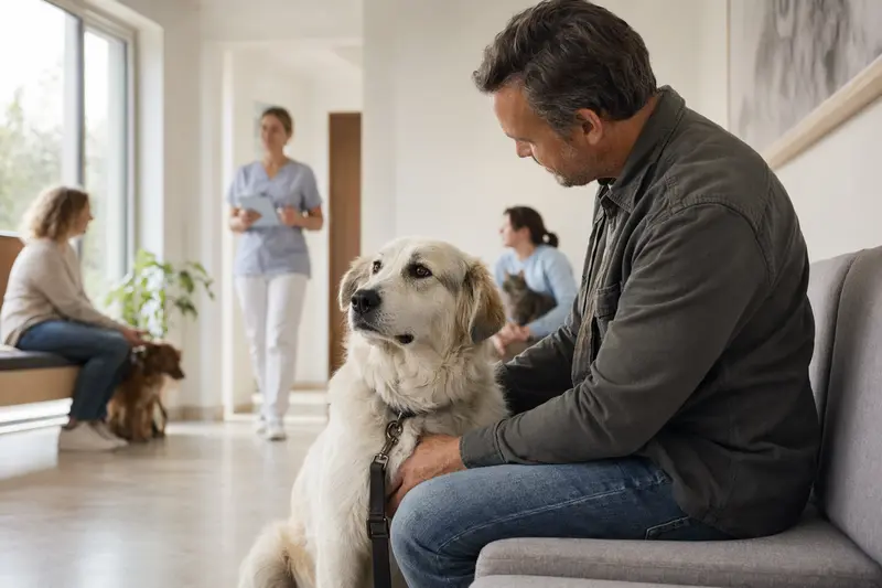 Ein ruhiger Akbas Hund sitzt neben seinem Besitzer in einem hellen Wartezimmer einer modernen Tierarztpraxis.