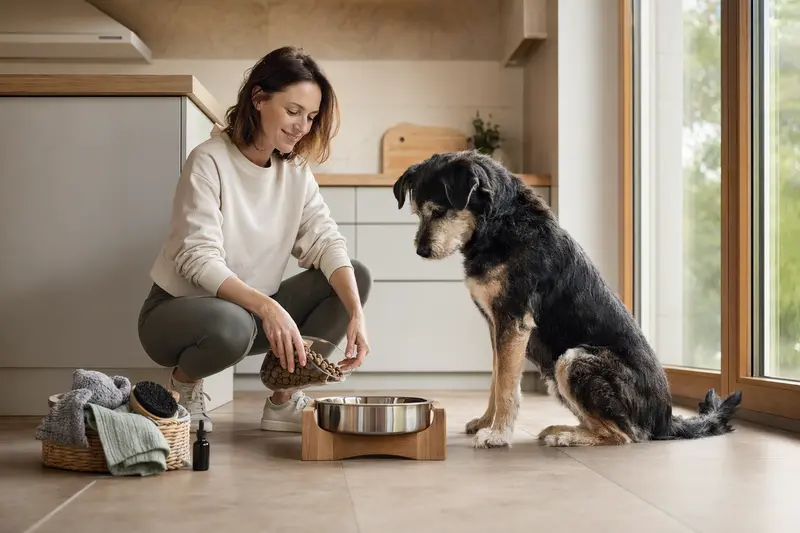 Ein Akbas-Hund sitzt neben einem hochwertigen Futternapf und Pflegezubehör in einer modernen Küche.