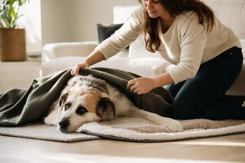 Ein entspannter Akbas Hund liegt in einem hellen Raum, während sein Besitzer ihm liebevoll eine Decke überlegt.