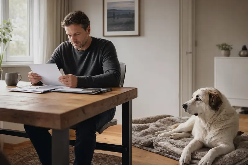 Ein entspannter Akbas Hund liegt auf einer Decke neben einer Tierarztrechnung, während der Besitzer ruhig am Tisch sitzt.