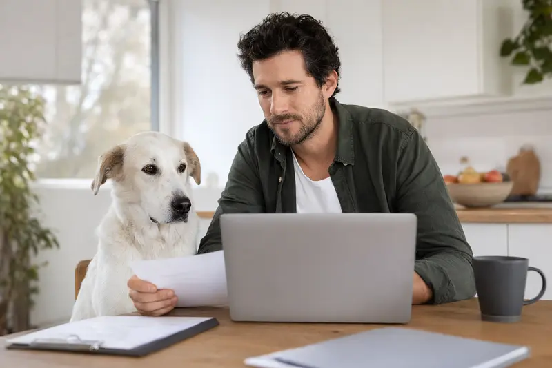 Ein Akbas Hund sitzt ruhig neben seinem Besitzer am Küchentisch, auf dem Versicherungsunterlagen und ein Laptop mit Vergleichsseite liegen.