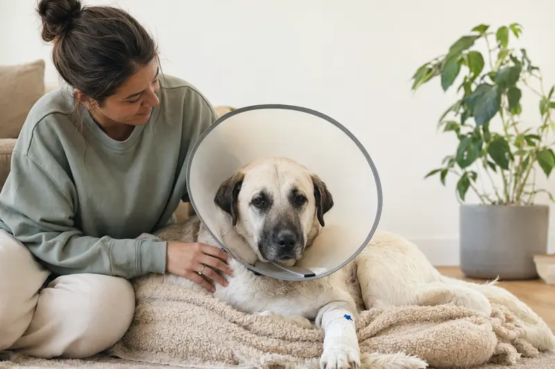 Ein Akbas Hund in einem medizinischen Schutzkragen ruht zufrieden auf einer Decke, während sein Besitzer ihm beruhigend zur Seite sitzt.