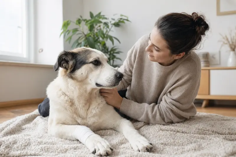 Ein Akbas Hund mit leichter Verletzung an der Pfote liegt ruhig auf einer Decke, während sein Besitzer daneben sitzt und erleichtert aussieht.