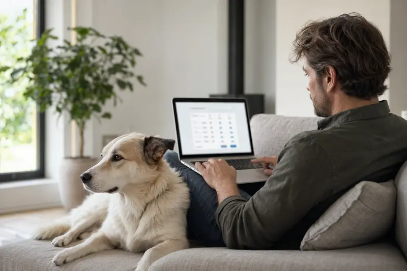 Ein Hundebesitzer sitzt entspannt mit Laptop auf dem Sofa, während sein Akbas Hund neben ihm liegt.