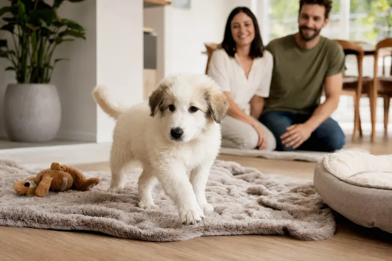 Ein neugieriger Akbas Welpe entdeckt seine neue, helle Wohnung mit Spielzeug und einer liebevollen Familie im Hintergrund.