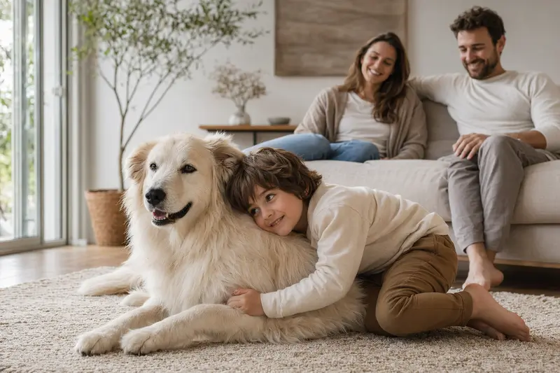 Ein freundlicher Akbash Hund liegt entspannt neben einem Kind im Wohnzimmer und sorgt für eine angenehme Familienatmosphäre.