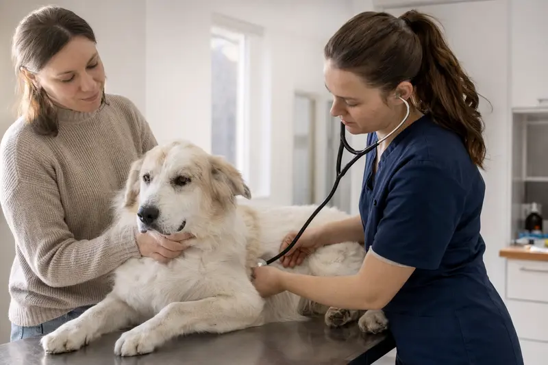 Ein ruhiger Akbash Hund wird von einer freundlichen Tierärztin auf einem Untersuchungstisch in einer sauberen Tierarztpraxis untersucht.