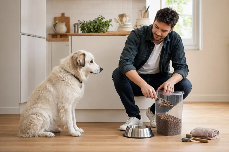 Ein Akbash Hund sitzt neben einem eleganten Futternapf und Pflegezubehör, während der Besitzer Futter in einer hellen Küche vorbereitet.