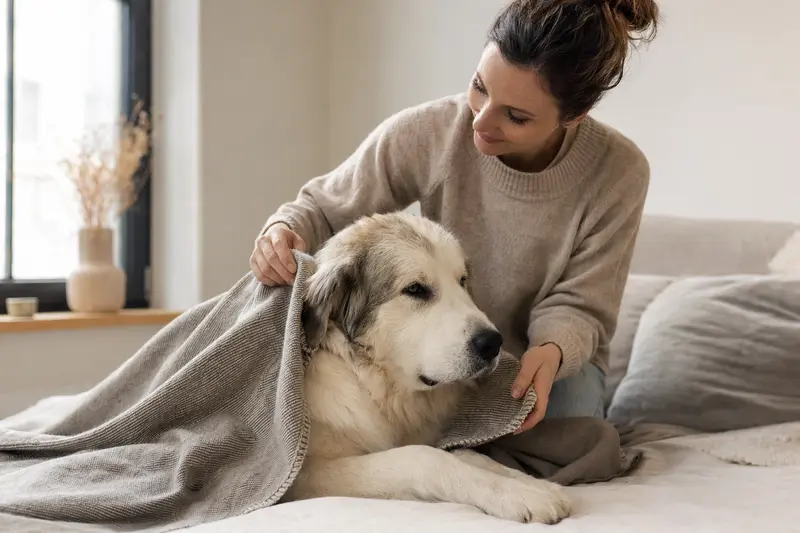 Ein entspannter Akbash Hund liegt in einem hellen Zuhause, während sein Besitzer ihm liebevoll eine Decke überlegt, was Geborgenheit symbolisiert.