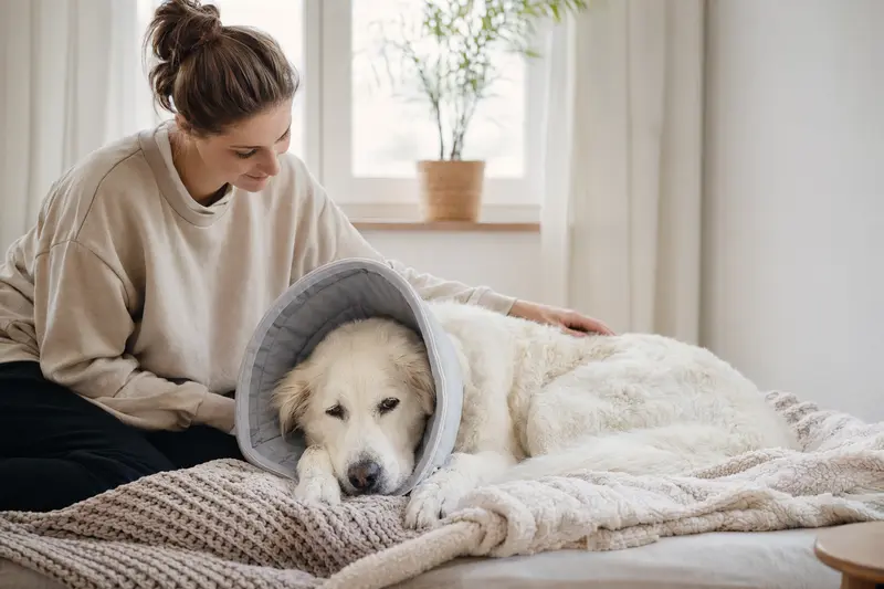 Ein Akbash Hund mit medizinischem Schutzkragen ruht auf einer Decke, während sein Besitzer beruhigend daneben sitzt.