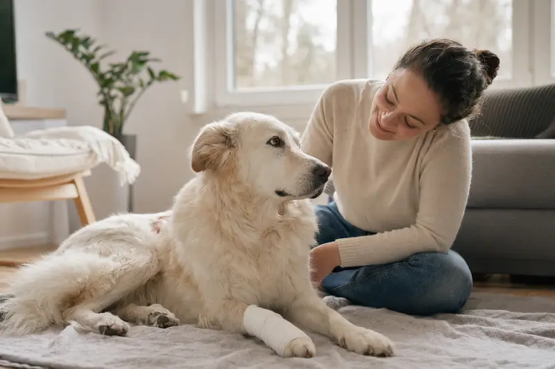 Ein Akbash Hund mit Verband liegt entspannt neben seinem Besitzer in einer hellen Wohnung und strahlt Ruhe aus.