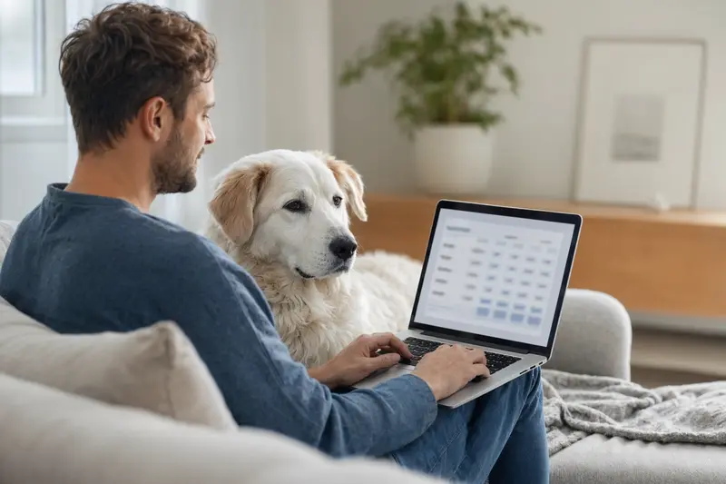 Ein Hundebesitzer sitzt mit einem Akbash Hund und einem Laptop auf dem Sofa in einer hellen Wohnung, während er eine Versicherungsvergleichsseite betrachtet.