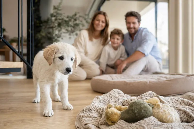 Ein neugieriger Akbash Welpe erkundet sein neues, freundliches Zuhause mit Spielzeug und liebevoller Familie im Hintergrund.