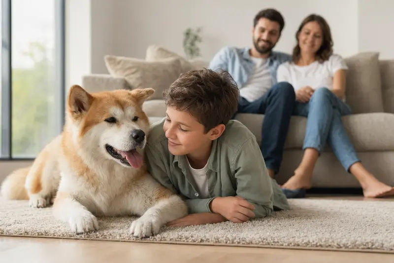 Ein freundlicher Akita Inu Hund liegt entspannt neben einem Kind im Wohnzimmer und schafft eine vertrauensvolle Familienatmosphäre.