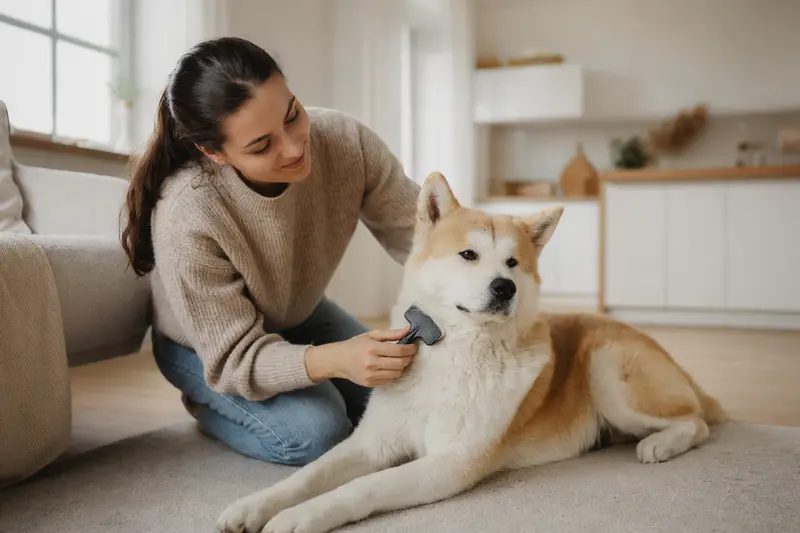 Ein Akita Inu wird liebevoll zuhause gebürstet, während sein Besitzer auf die Fellpflege achtet.
