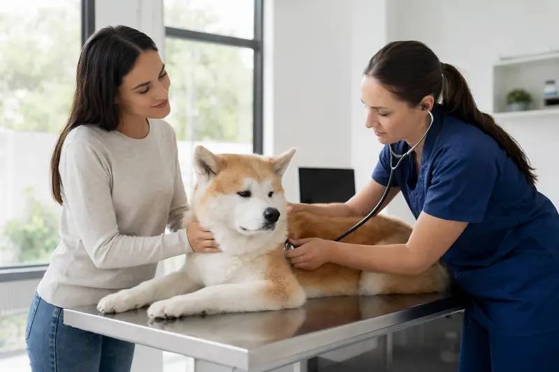 Ein ruhiger Akita Inu Hund wird von einer freundlichen Tierärztin mit einem Stethoskop in einer modernen Praxis untersucht, während sein Besitzer beruhigend danebensteht.